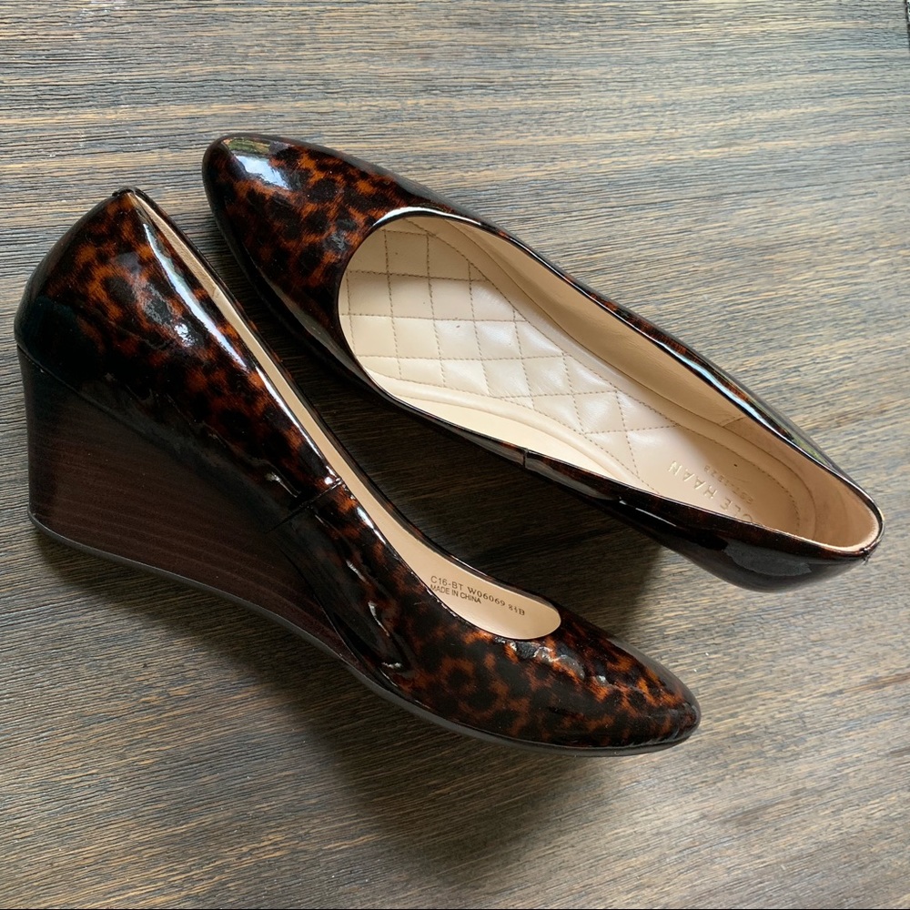 Cole Haan patent leather animal print wedges